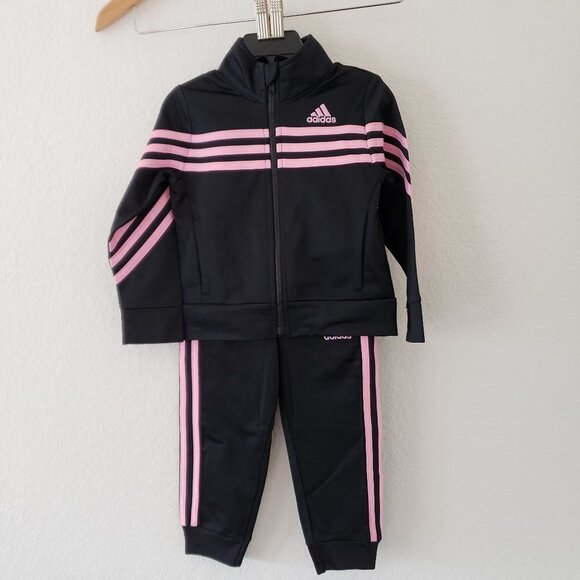 NWT - Adidas Logo 3 Stripe Black and Pink Kids' 2-piece Track Set - Size 2T - Picture 1 of 3